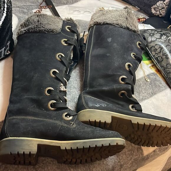 Timberland Mirney black grey fur leather suede lace up knee high boots tims 8.5 - Picture 5 of 12